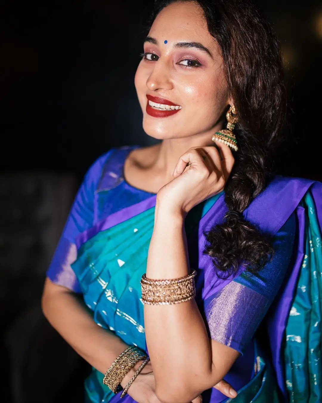 Pooja Ramachandran Stills in Blue Saree Blouse